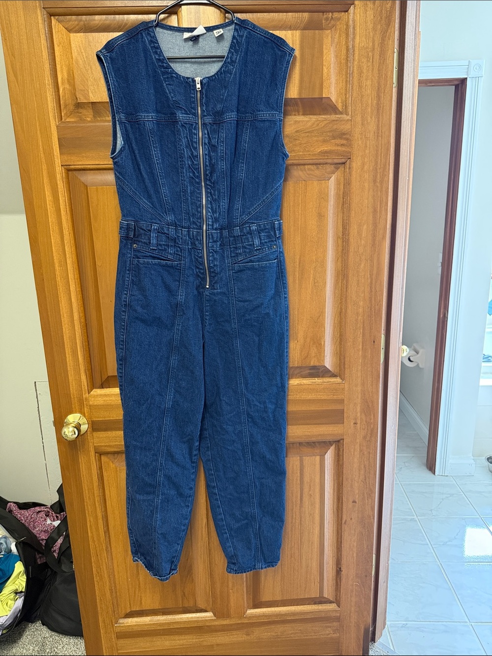 Universal Thread Dark Blue Denim Sleeveless Zip-Front Jumpsuit